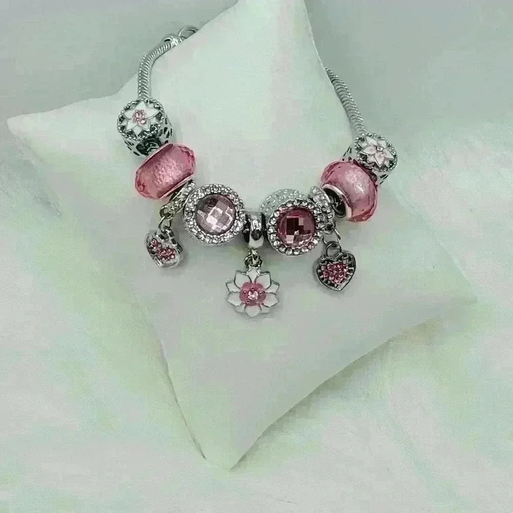 Pink Flower Pendant Charm Bracelet